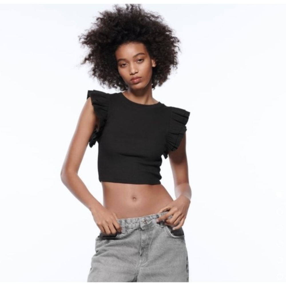 ZARA Black‎ Ribbed Ruffled Sleeve Crop Sz Small